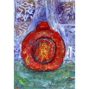 6&quot; x 8&quot; Framed Acrylic Painting on Paper of a Red Snuff Bottle with a Symbol for Joy