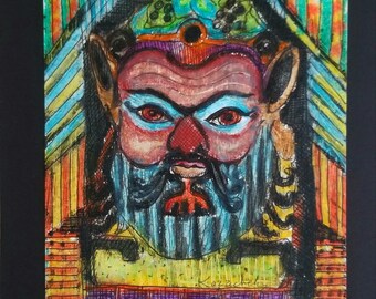 Original 4" x 5" ink and oil pastel of an Etruscan Mask