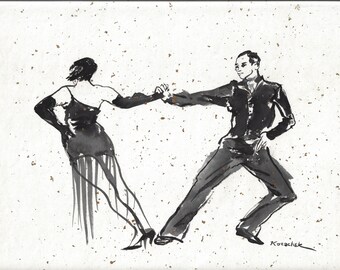 Original Ink Painting of Tango Dancers on gold flecked mulberry paper