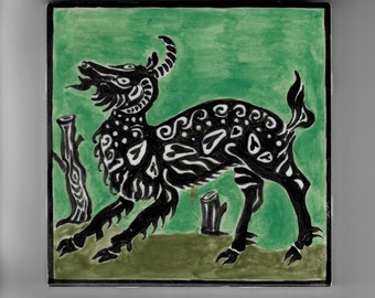 Original Hand Painted Tile with Goat Design