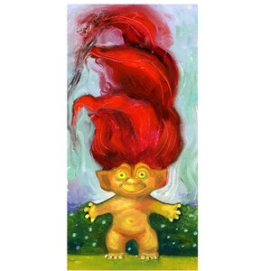 May include: A yellow troll doll with red hair standing in front of a green background. The troll has a big smile and bright yellow eyes.