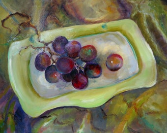 Original oil painting of grapes on a ceramic platter