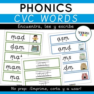 May include: Phonics flashcards for CVC words, including words such as "mad" and "dam". The cards feature illustrations and the text "Encuentra, lee y escribe". The phrase "No prep: ¡Imprime, corta y a usar!" is also visible.