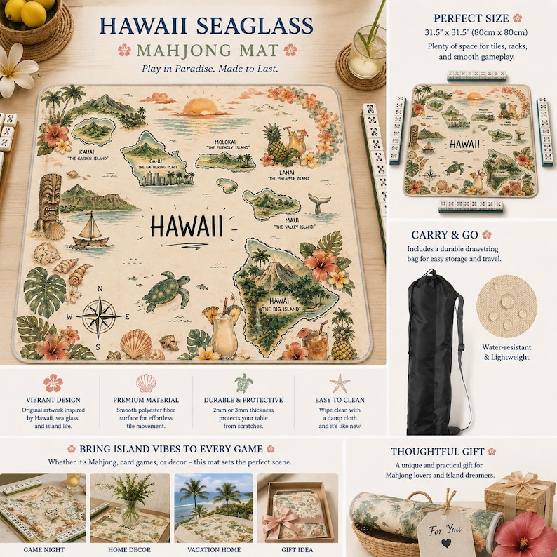 Hawaii Map Mahjong Mat,Vintage Hawaiian Islands Game Mat,Tropical Travel Mahjong Table Mat, Coastal Beach House Decor,Island Lover Gift 26'' Bild 3