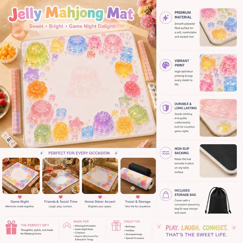 Puede incluir: Una alfombrilla cuadrada Jelly Mahjong Mat con superficie blanca decorada con iconos transl&uacute;cidos en forma de gelatina, incluyendo corazones, estrellas y c&uacute;pulas. Incluye una base negra antideslizante y una bolsa de almacenamiento negra.