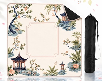 Chinoiserie Garden Mahjong Mat, Pagoda Floral Mahjong  Mat, Blue Green Botanical Game Mat, Mahjong Decor, American Mahjong Gift 31.5"x31.5"