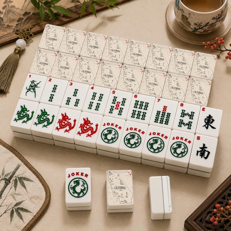 May include: A set of white Mahjong tiles featuring various designs including green and red dragons, numbered bamboo suits, Joker tiles with dragon illustrations, and tiles printed with a map of California and the text California.