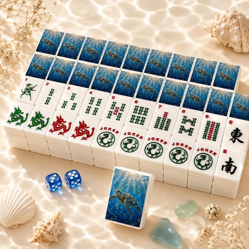 Juego de Mahjong Tortuga Marina, Fichas de Mahjong Acrílicas Océano, Juego Costero, Edición Jardín 160 Fichas, Colección de Mahjong Casa de Playa imagen 1