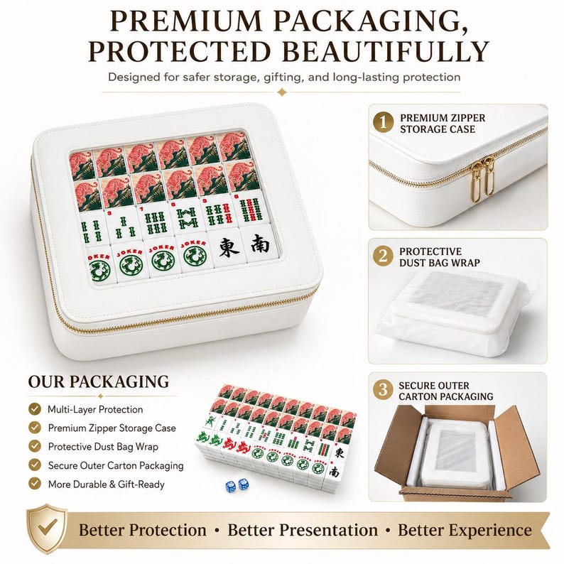 Puede incluir: Un estuche de almacenamiento blanco con cremallera que contiene fichas de Mahjong con dise&ntilde;os rojos, verdes y negros. El set incluye una bolsa protectora, una caja de cart&oacute;n y dos dados azules. El texto incluye PREMIUM PACKAGING.
