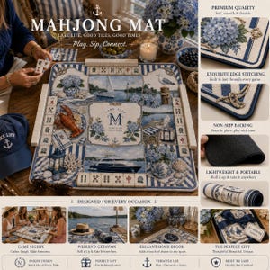 Może przedstawiać: Niebiesko-biała mata do gry w Mahjonga o tematyce marynistycznej. Mata zawiera ilustracje sceny jeziornej, kwiat&oacute;w i jachtu. Tekst na macie brzmi "MAHJONG MAT" i "LAKE LIFE, GOOD TILES, GOOD TIMES".