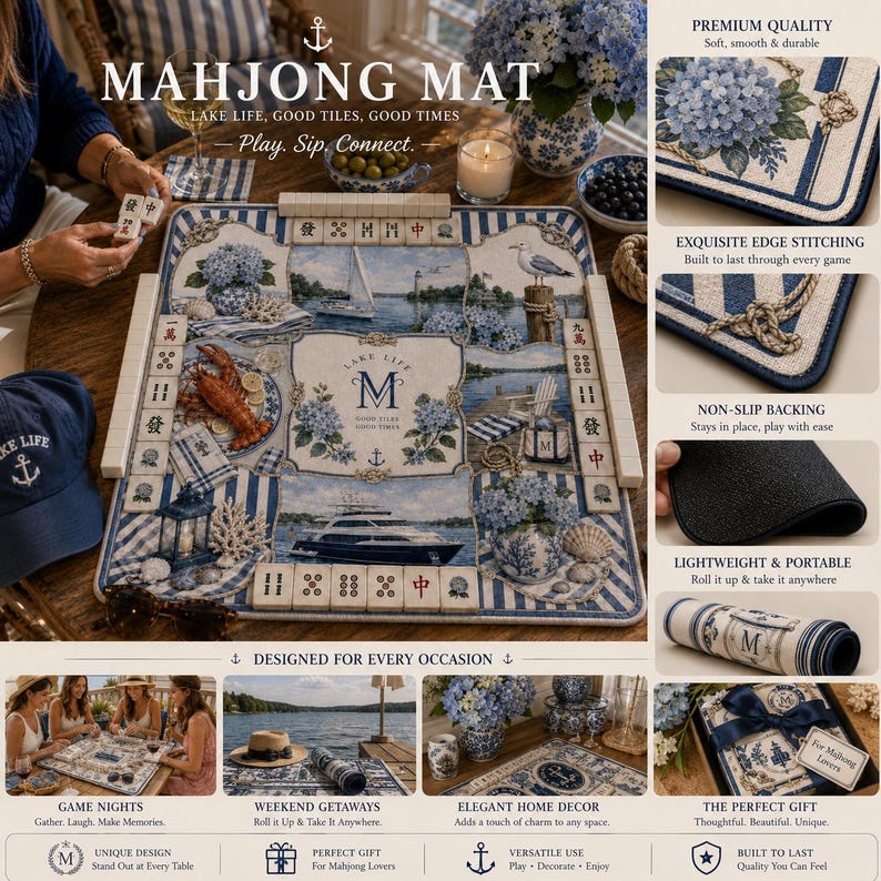 Może przedstawiać: Niebiesko-biała mata do gry w Mahjonga o tematyce marynistycznej. Mata zawiera ilustracje sceny jeziornej, kwiat&oacute;w i jachtu. Tekst na macie brzmi "MAHJONG MAT" i "LAKE LIFE, GOOD TILES, GOOD TIMES".