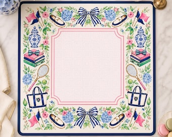 Preppy Mahjong Mat with Storage Bag,Country Club Mahjong Table Mat, Tennis & Chinoiserie Game Mat,Mahjong Decor, Gift for Mahjong Lovers 26"