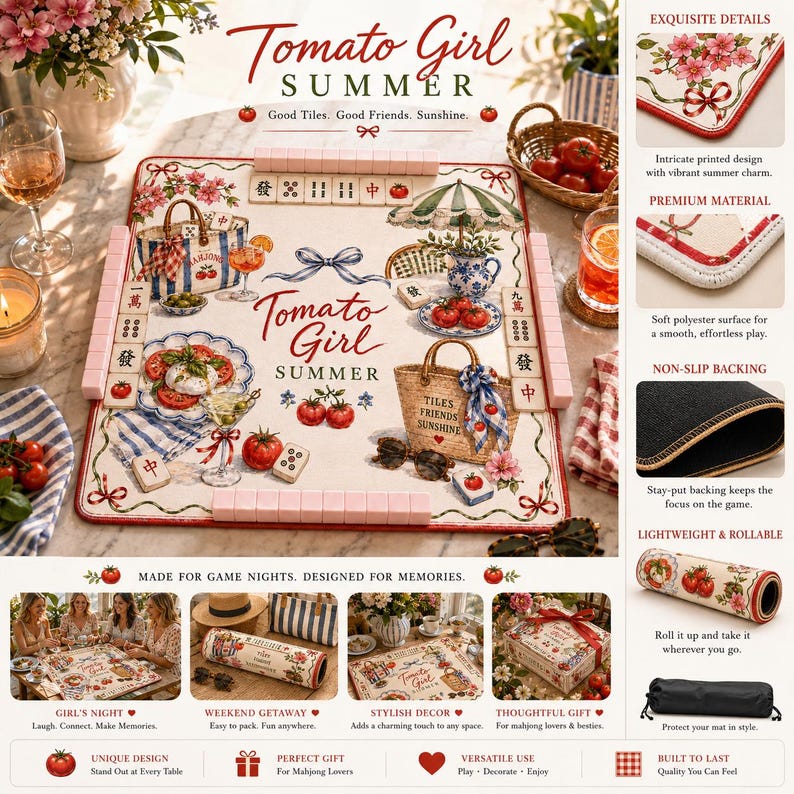 May include: A mahjong game set with a floral and tomato theme. The set includes a playing mat, tiles, and accessories. The mat features a detailed design with the words "Tomato Girl Summer". The set is designed for game nights and is lightweight and rollable.