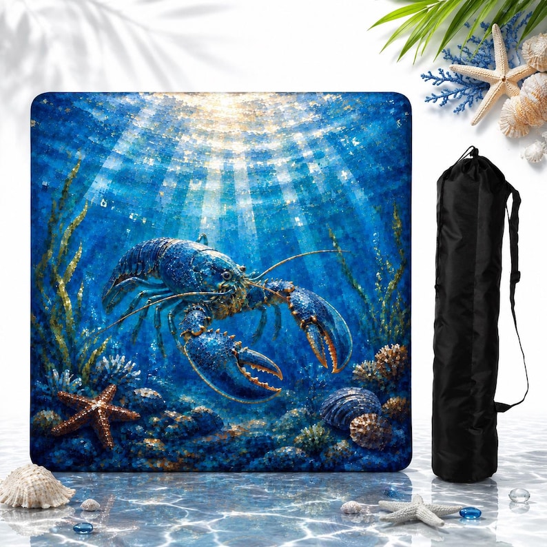 May include: A square-shaped beach towel featuring a vibrant underwater scene with a large blue lobster, a starfish, and coral reefs under sunlit water, accompanied by a black cylindrical carrying bag with a shoulder strap for easy transport.
