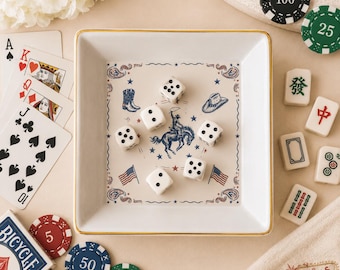 Western Cowboy Dice Tray, Ceramic mahjong Dish, Rodeo mahjong Holder Tray, Americana Trinket Dish, Rustic Western Gift for mahjong fans