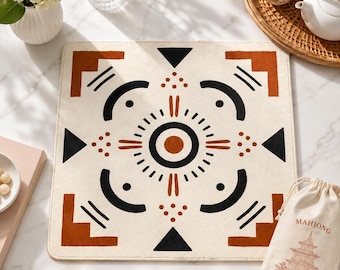 Boho Mahjong Mat, Mudcloth Mahjong Mat, Afrohemian Game Table Mat, Tribal Geometric Decor, Neutral Boho Mahjong Gift  26"