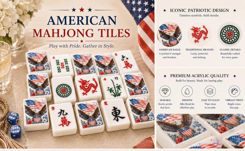 Patriotic American Mahjong Tile Set, Eagle Mahjong Tiles, USA Mahjong Set,American Mahjong Game,Independence Day Gift,Mahjong Collection image 2