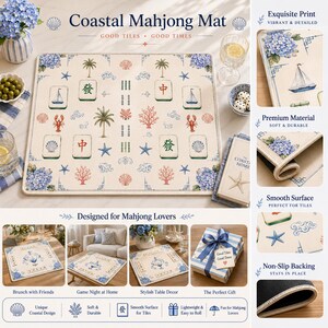 May include: A rectangular mahjong mat with a cream background featuring a coastal print of blue hydrangeas, sailboats, palm trees, starfish, coral, and seashells, interspersed with mahjong tiles and the text Coastal Mahjong Mat Good Tiles Good Times.
