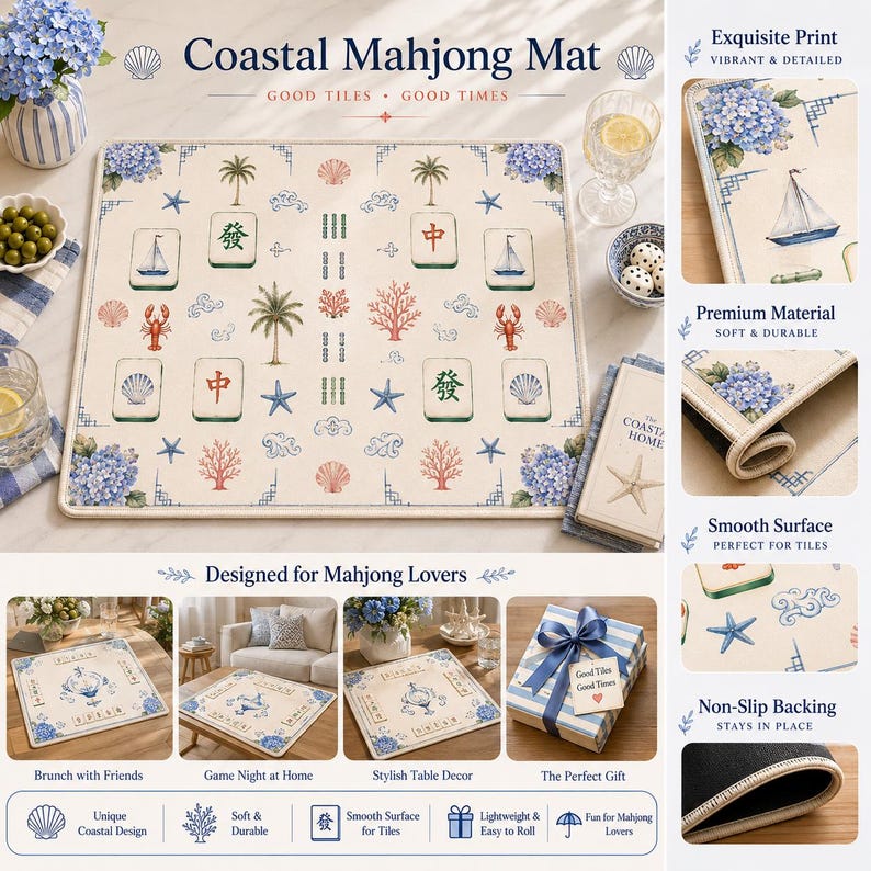 May include: A rectangular mahjong mat with a cream background featuring a coastal print of blue hydrangeas, sailboats, palm trees, starfish, coral, and seashells, interspersed with mahjong tiles and the text Coastal Mahjong Mat Good Tiles Good Times.
