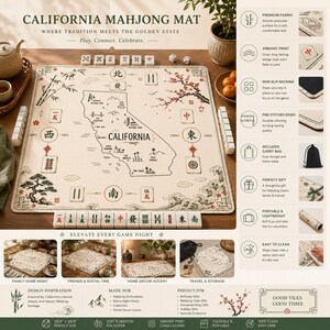 May include: A square California Mahjong mat featuring a map of California with illustrations of bamboo, cherry blossoms, and waves. The mat includes Mahjong tiles, dice, and text reading California Mahjong Mat, with a list of product features and benefits.