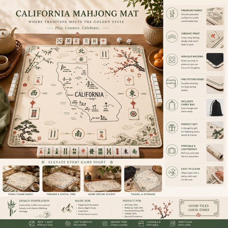 May include: A square California Mahjong mat featuring a map of California with illustrations of bamboo, cherry blossoms, and waves. The mat includes Mahjong tiles, dice, and text reading California Mahjong Mat, with a list of product features and benefits.