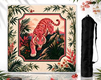 Tapete de mahjong con tigre de estilo chinoiserie rosa, tapete de mahjong con estampado floral tropical, tablero de mahjong con temática de la jungla, tapete para juegos nocturnos con tigre exótico y bolsa de almacenamiento de 26 pulgadas.