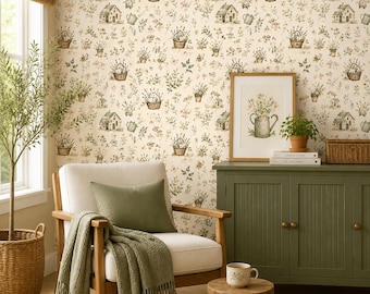 Cottagecore Peel and Stick Wallpaper, Vintage Farmhouse Wallpaper, Botanical Cottage Wall Decor, Removable Country Style Wallpaper