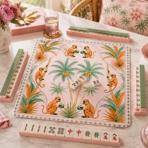 Palm Beach Monkey Mahjong Mat with Storage Bag, Preppy Tropical Mahjong Table Mat, Pink Resort Decor, Game Night Gift for Women