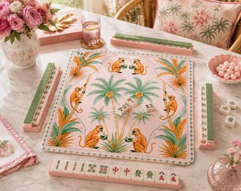 Palm Beach Monkey Mahjong Mat with Storage Bag, Preppy Tropical Mahjong Table Mat, Pink Resort Decor, Game Night Gift for Women