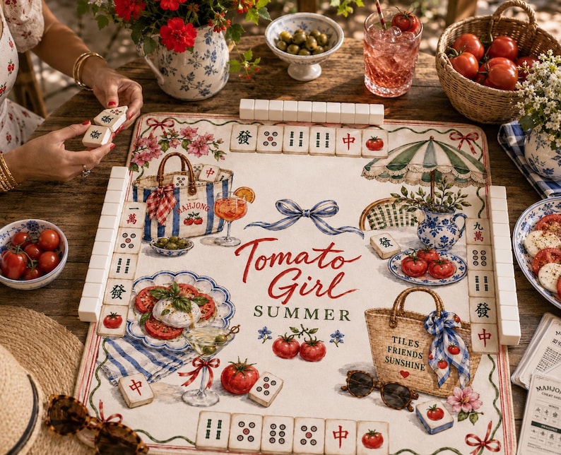 May include: A decorative Mahjong game set with a "Tomato Girl Summer" theme. The game board features illustrations of tomatoes, cocktails, and beach bags. The set includes tiles, a basket of tomatoes, and a straw hat.