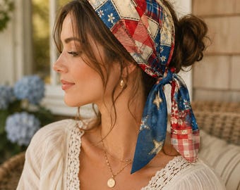 Patriotic Patchwork Head Scarf, Americana Boho Hair Scarf, Vintage 4th of July Bandana, Rustic Cottagecore Hair Wrap