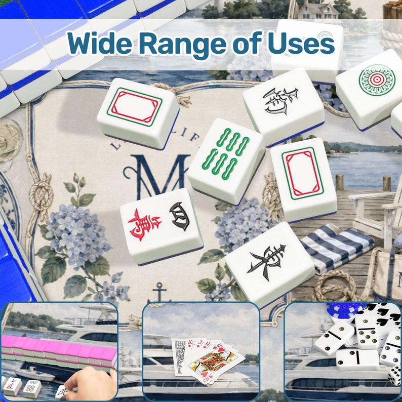 Coastal Lake Life Mahjong Mat, Nautical Mahjong Game Mat, Hydrangea Coastal Decor, Blue Lake House Mahjong Gift zdjęcie 6
