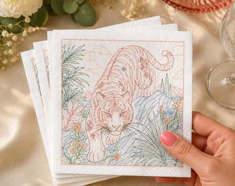 Tiger Chinoiserie Luncheon Napkins,Floral Paper Napkins, Preppy Safari Party Napkins,Elegant Dinner Cocktail Napkins,Table Decor for Hosting