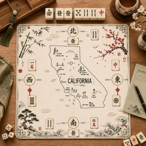 May include: A square California-themed mahjong mat featuring a central map of the state with landmarks, surrounded by traditional mahjong tile illustrations, bamboo stalks, cherry blossoms, and ocean waves in black and red ink on a cream background.