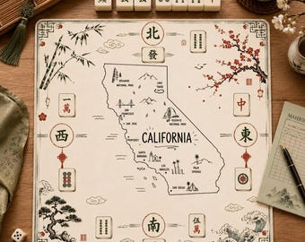 California Mahjong Mat, Chinoiserie California Map Mahjong Mat, West Coast Mahjong Gift, Asian Coastal Game Night Decor