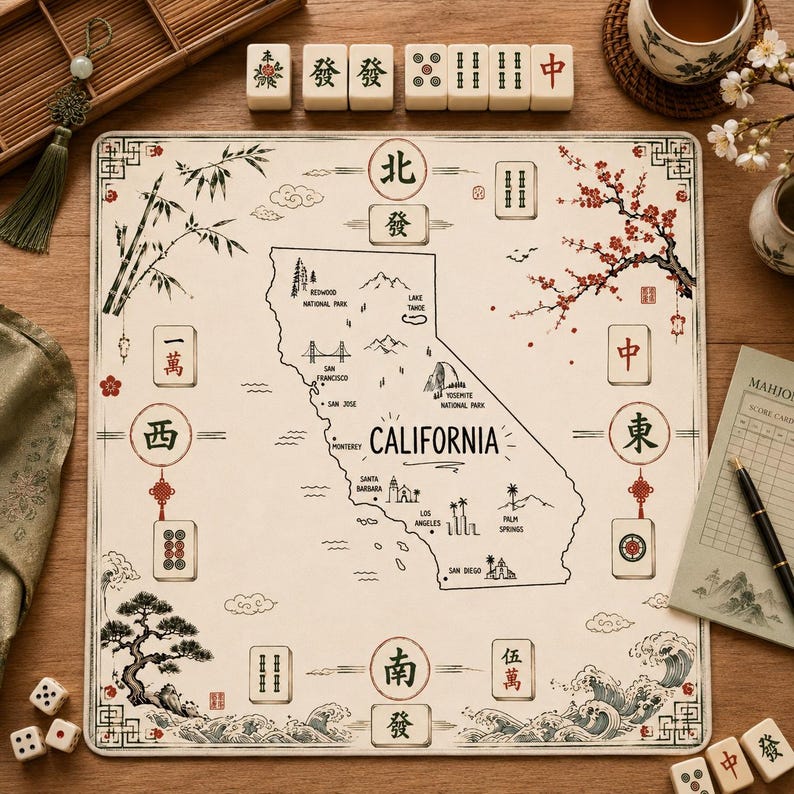 May include: A square California-themed mahjong mat featuring a central map of the state with landmarks, surrounded by traditional mahjong tile illustrations, bamboo stalks, cherry blossoms, and ocean waves in black and red ink on a cream background.