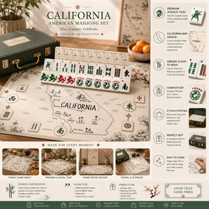 May include: A California American Mahjong set featuring a cream-coloured play mat with a map of California, 166 acrylic tiles with red and green symbols, and a dark green carrying case. The set includes tiles with dragons, jokers, and suits.