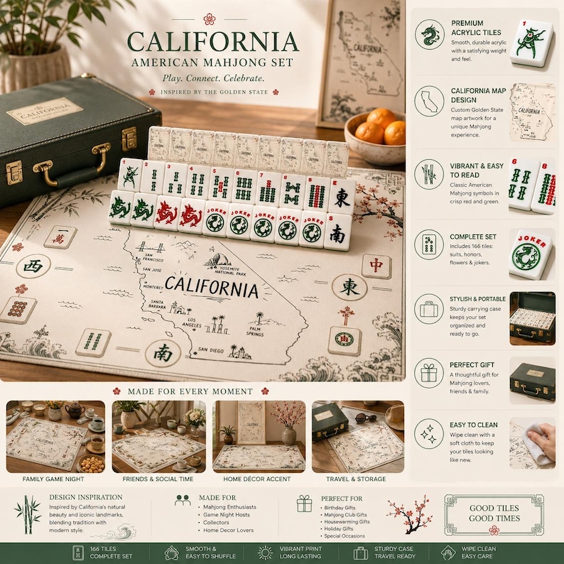 May include: A California American Mahjong set featuring a cream-coloured play mat with a map of California, 166 acrylic tiles with red and green symbols, and a dark green carrying case. The set includes tiles with dragons, jokers, and suits.