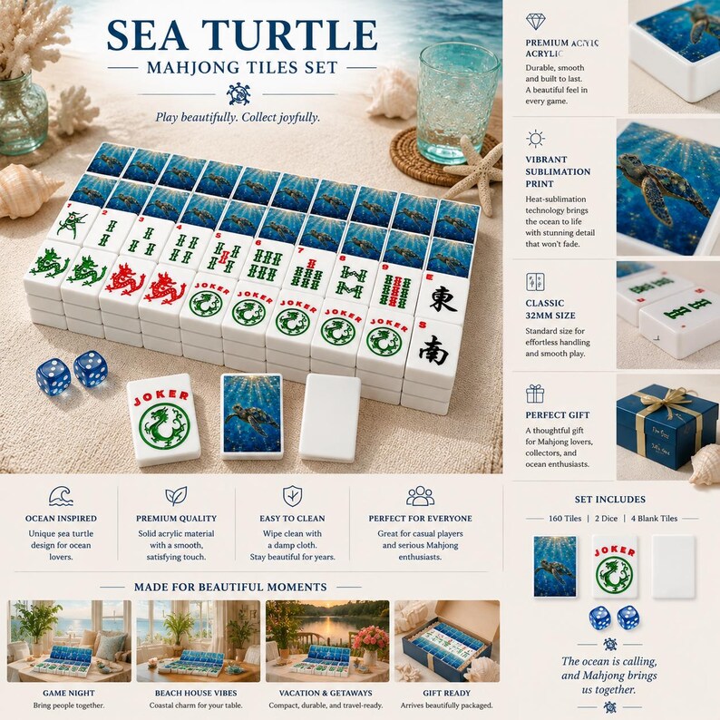 Puede incluir: Un juego de fichas de Mahjong Sea Turtle que incluye 160 piezas de acr&iacute;lico blanco con im&aacute;genes de tortugas marinas azules y texto en rojo o verde. El set contiene dos dados azules y cuatro fichas en blanco, con gr&aacute;ficos de tama&ntilde;o 32mm.