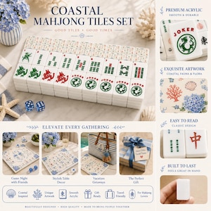 May include: A coastal-themed mahjong tile set made of white acrylic. The tiles feature green and red ink illustrations of dragons, floral patterns, and the word JOKER. The set includes two blue dice and is presented with decorative coastal elements.