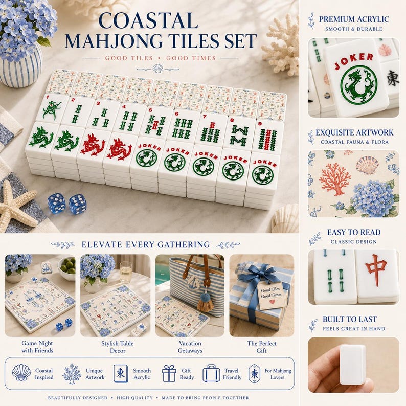 May include: A coastal-themed mahjong tile set made of white acrylic. The tiles feature green and red ink illustrations of dragons, floral patterns, and the word JOKER. The set includes two blue dice and is presented with decorative coastal elements.