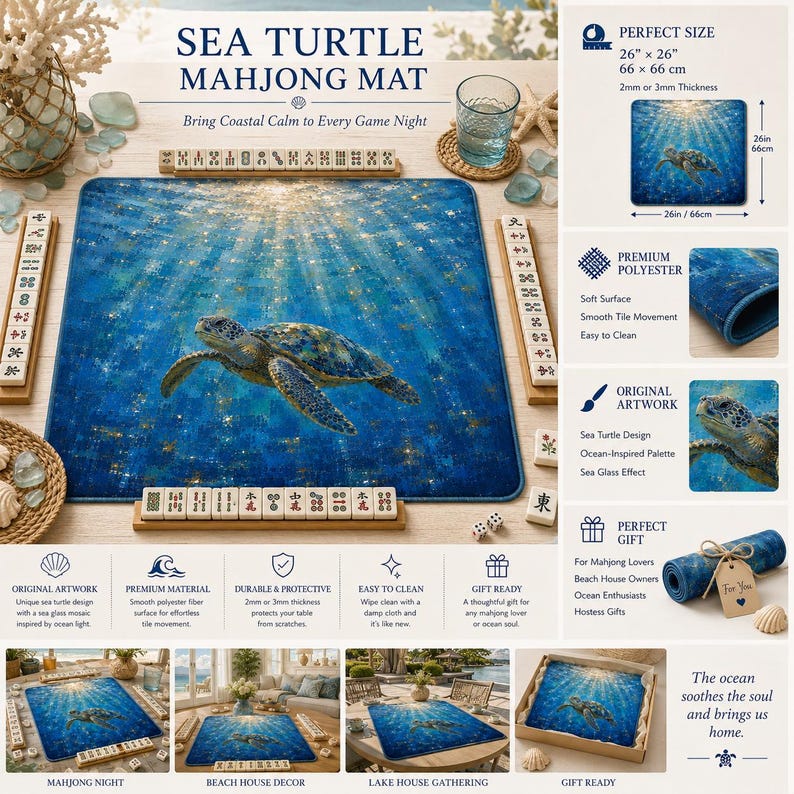 May include: A square mahjong mat featuring a sea turtle swimming in deep blue ocean water with light rays filtering from above. The mat measures 26 inches by 26 inches and has a thickness of 2mm or 3mm. It is made of polyester with a smooth surface.