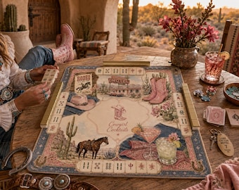 Cowgirl Cocktails Mahjong Mat, Western Mahjong Mat, Pink Rodeo Mahjong Table Cover, Coastal Cowgirl Game Night Decor,