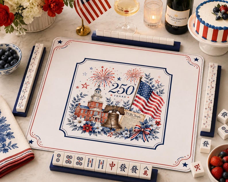 May include: A rectangular mahjong mat featuring a patriotic design with Independence Hall, the Liberty Bell, a document labeled We The People, and an American flag. The center graphic displays 250 YEARS with fireworks, surrounded by blue and red floral accents on a white background. Four dark blue tile racks are positioned around the mat, with white mahjong tiles displaying various symbols and characters.