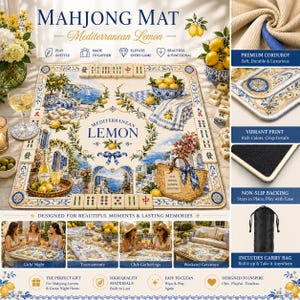 May include: Mahjong mat with a Mediterranean Lemon design. The mat features a scenic illustration with lemons, a blue and white color scheme, and the text "Mediterranean Lemon." Includes a carry bag.