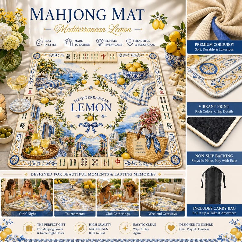 May include: Mahjong mat with a Mediterranean Lemon design. The mat features a scenic illustration with lemons, a blue and white color scheme, and the text "Mediterranean Lemon." Includes a carry bag.