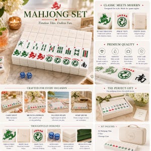 May include: A Mahjong set featuring 152 white tiles with green and red dragon, joker, and character designs. The set includes two blue dice and a beige storage case. Text on the packaging reads Mahjong Set, Timeless Tiles, Endless Fun.