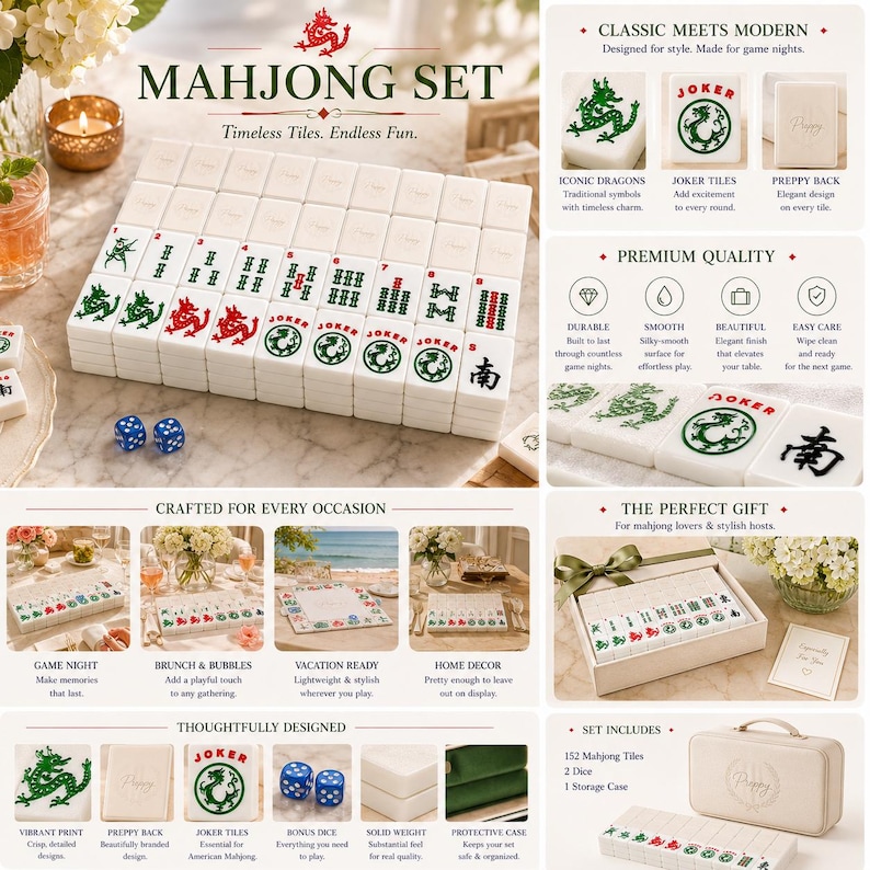 May include: A Mahjong set featuring 152 white tiles with green and red dragon, joker, and character designs. The set includes two blue dice and a beige storage case. Text on the packaging reads Mahjong Set, Timeless Tiles, Endless Fun.