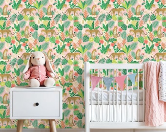 Pink Leopard Peel and Stick Wallpaper, Tropical Jungle Wall Decor, Exotic Animal Nursery Removable Vinyl, Modern Maximalist Home Decor