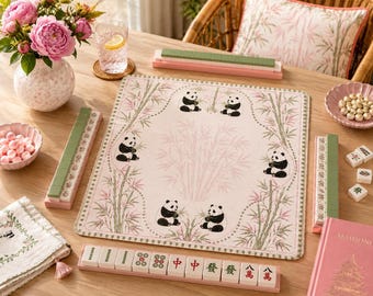 Pink Panda Mahjong Mat with Storage Bag, Chinoiserie Bamboo Mahjong Table Mat, Grandmillennial Game Night Decor, Mahjong Gift for Women